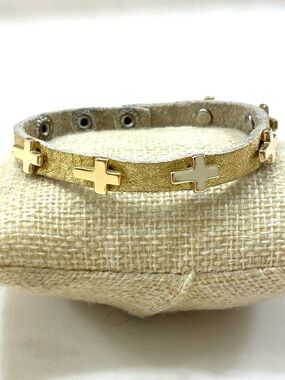 Vintage Gold Leather Bracelet with Cross Studs